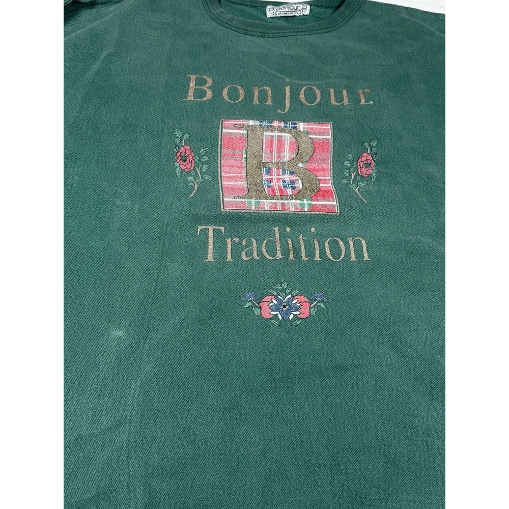 Vintage 90s Bonjour Tradition 22/24 Sweatshirt Plaid Distressed Green No Stretch - Picture 4 of 15